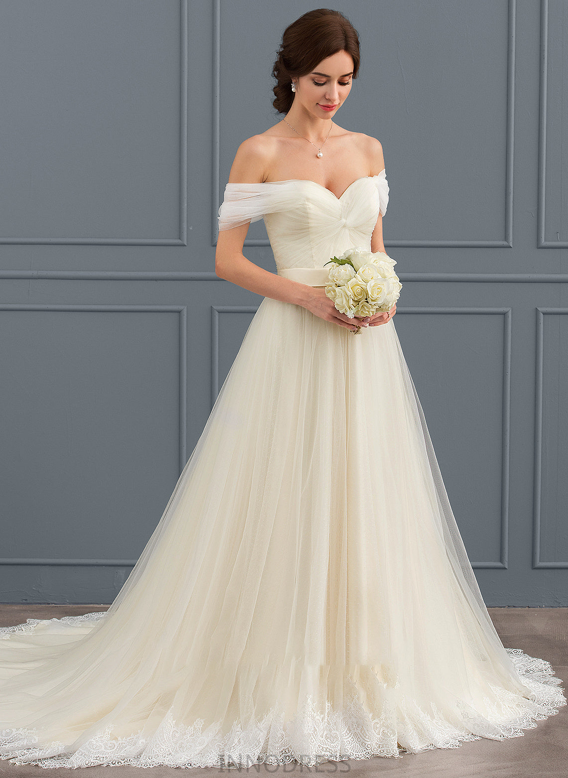 Wedding With Wedding Dresses Off-the-Shoulder Lace Tulle Ball-Gown/Princess Shyann Ruffle Train Court Dress