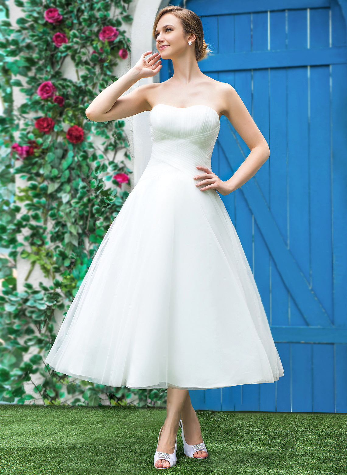 With Tulle Sweetheart Ruffle Wedding Tea-Length A-Line Frances Dress Wedding Dresses