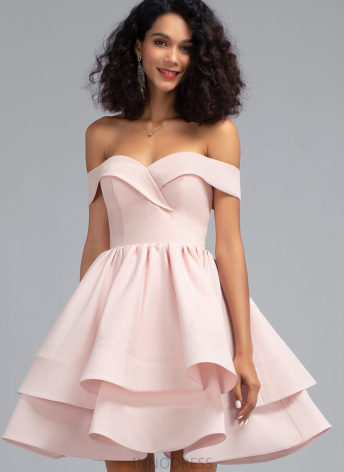 Crepe A-Line Ruffles Kendra Off-the-Shoulder With Cascading Prom Dresses Stretch Short/Mini