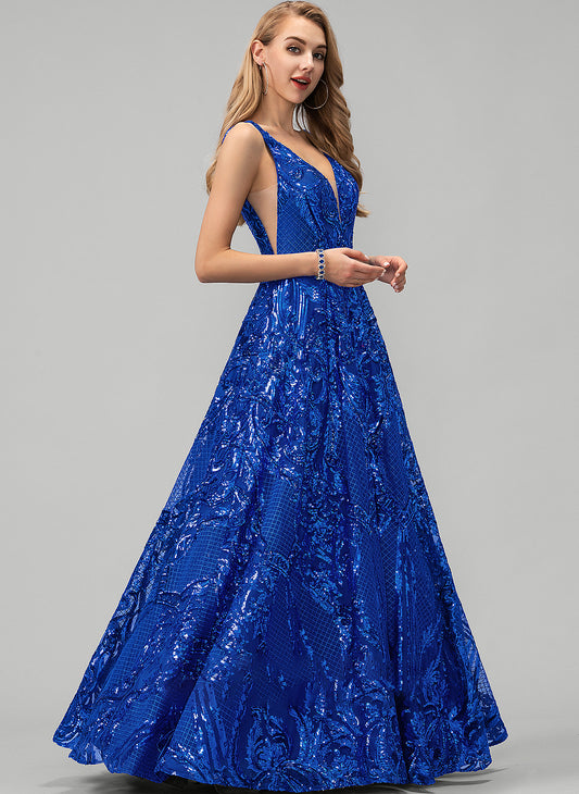 Sequins With Sequined Prom Dresses V-neck A-Line Floor-Length Kara