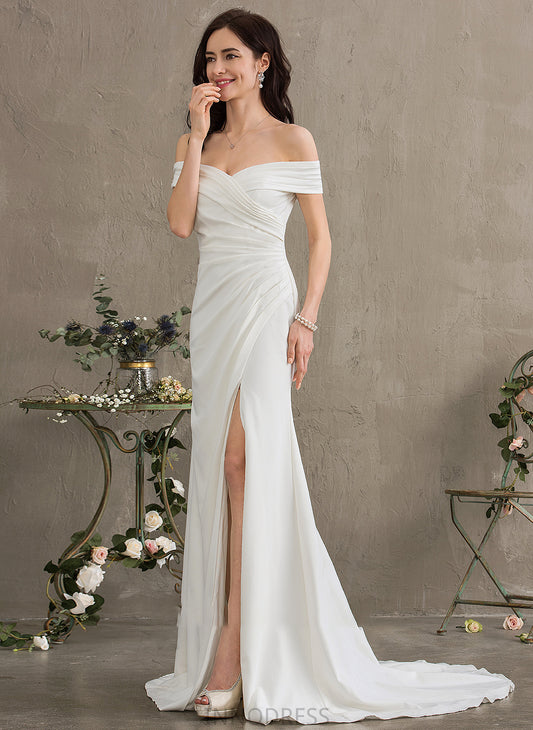 Front Ruffle Kaliyah Sweep With Crepe Train Wedding Dresses Stretch Split Sheath/Column Dress Wedding Off-the-Shoulder