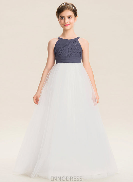 Floor-Length Scoop Neck Ruffle Junior Bridesmaid Dresses With A-Line Chiffon Tulle Talia