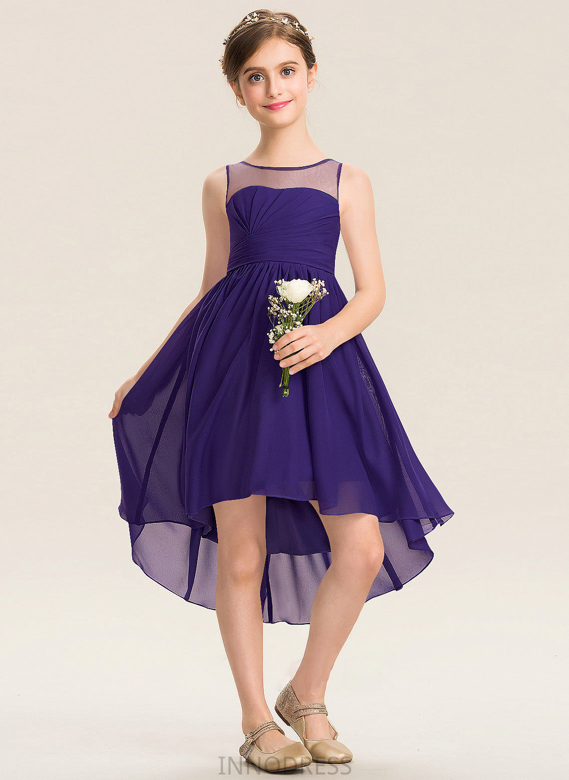 Scoop Neck Asymmetrical Ruffle Chiffon Helena Junior Bridesmaid Dresses A-Line With