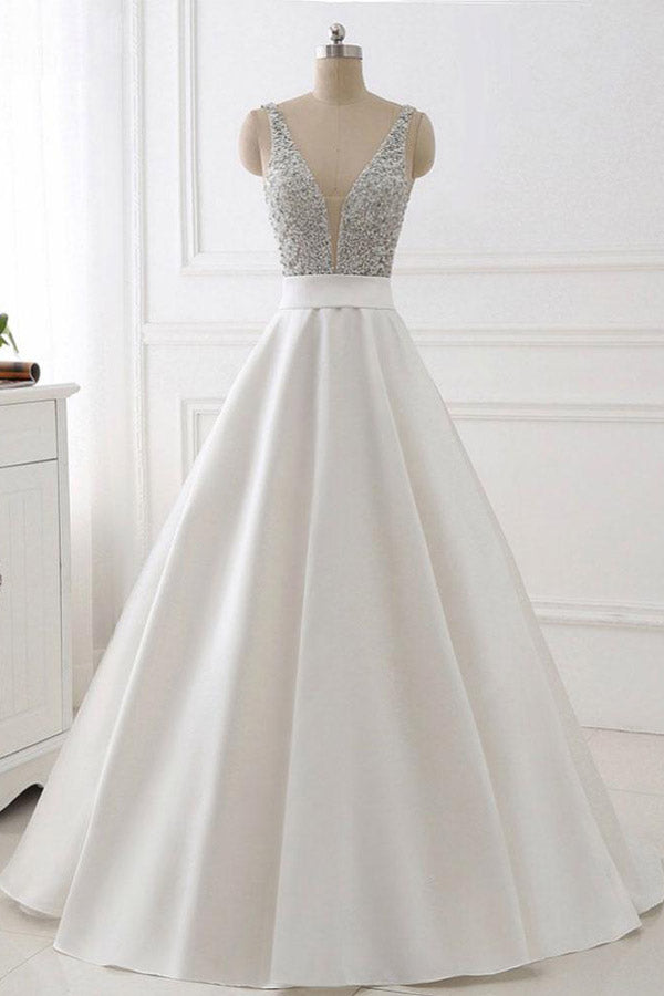 A Line Brush Train Deep V Neck Sleeveless Beading Prom Dresses