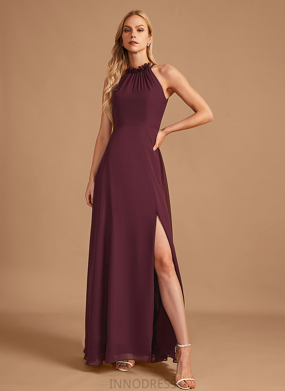 SplitFront Length Floor-Length Fabric HighNeck Silhouette A-Line Neckline Embellishment Mckayla Natural Waist A-Line/Princess Bridesmaid Dresses