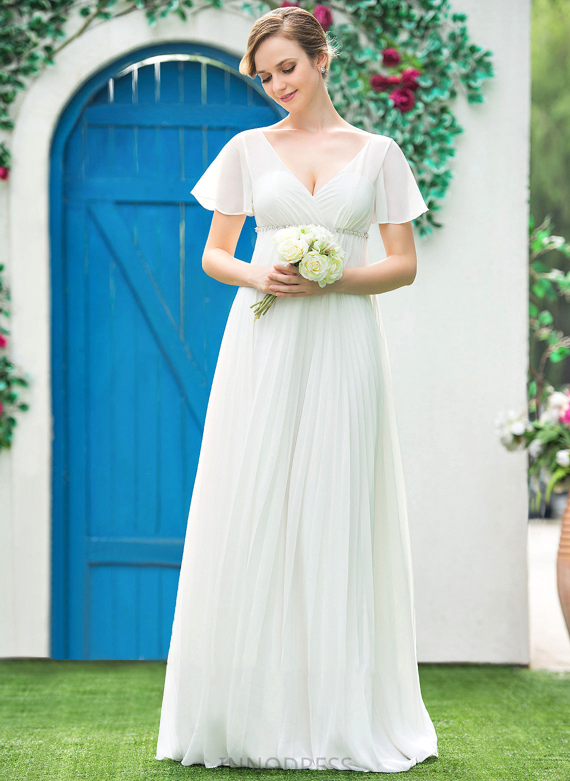 Pleated Wedding Empire Margaret Beading Dress Floor-Length V-neck Chiffon Wedding Dresses With