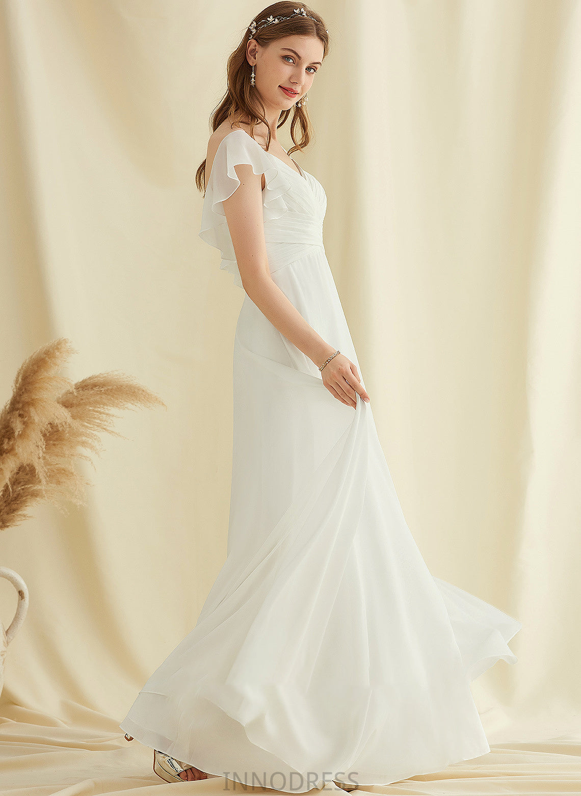 With Wedding Dresses Tatiana Floor-Length Ruffle Chiffon A-Line V-neck Wedding Dress