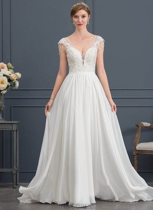 Dress A-Line Sequins V-neck Wedding Dresses Lace Train Beading Sue With Chiffon Sweep Wedding