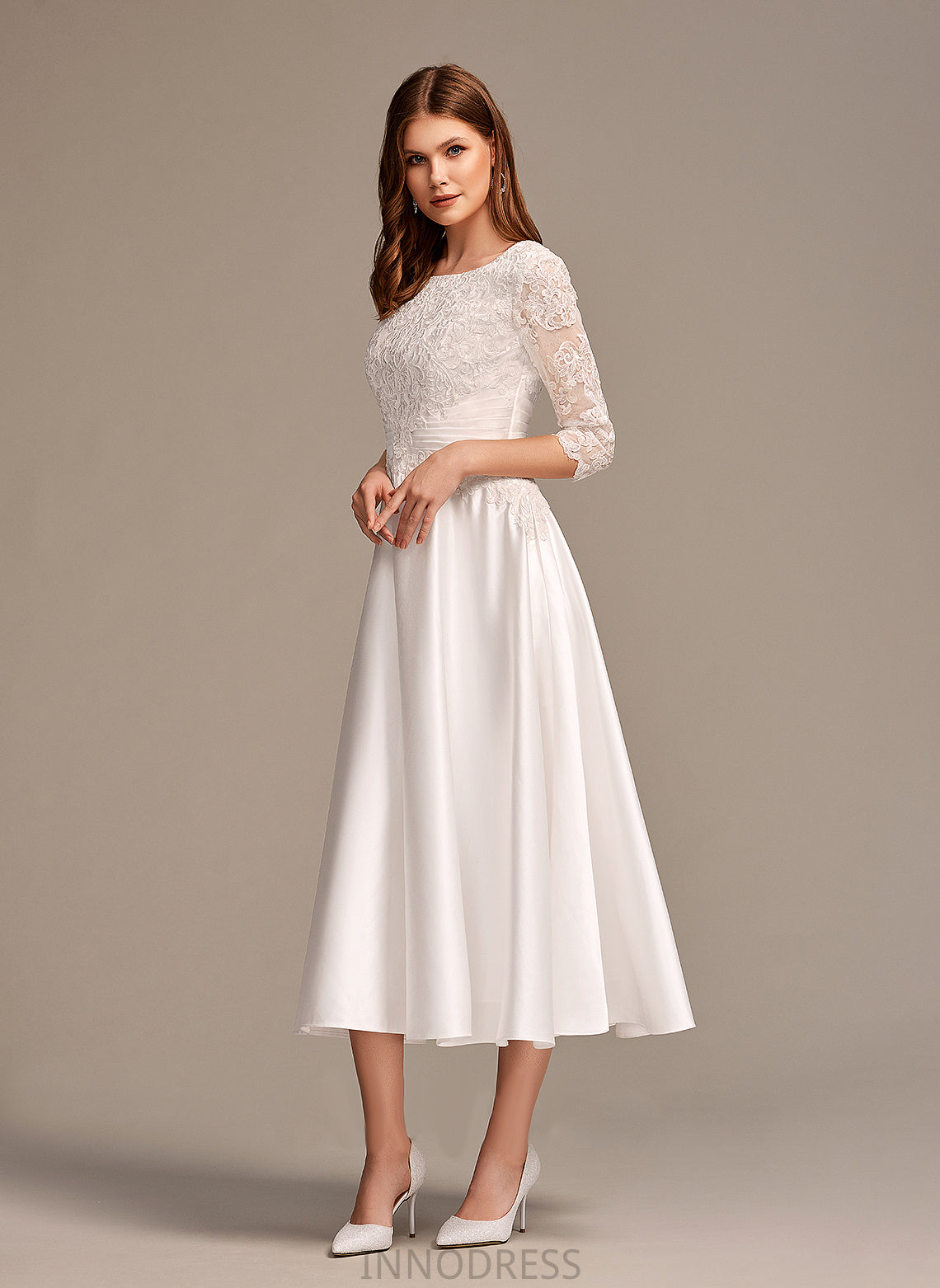 Wedding Dresses A-Line With Satin Wedding Lace Mia Neck Scoop Pockets Dress Tea-Length