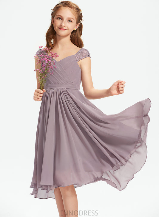 Lynn Lace Chiffon Knee-Length Junior Bridesmaid Dresses A-Line With Ruffle V-neck