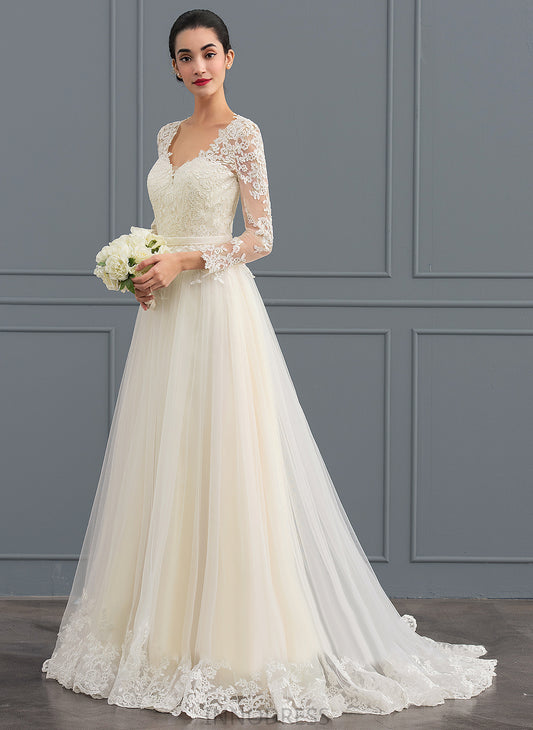 Dress V-neck Ball-Gown/Princess Lace Wedding Tulle Wedding Dresses Phyllis Sweep Train