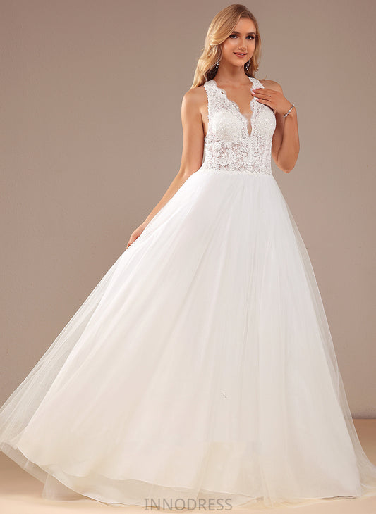 V-neck Tulle Ball-Gown/Princess Train Lace Estrella Dress With Sequins Wedding Court Lace Wedding Dresses