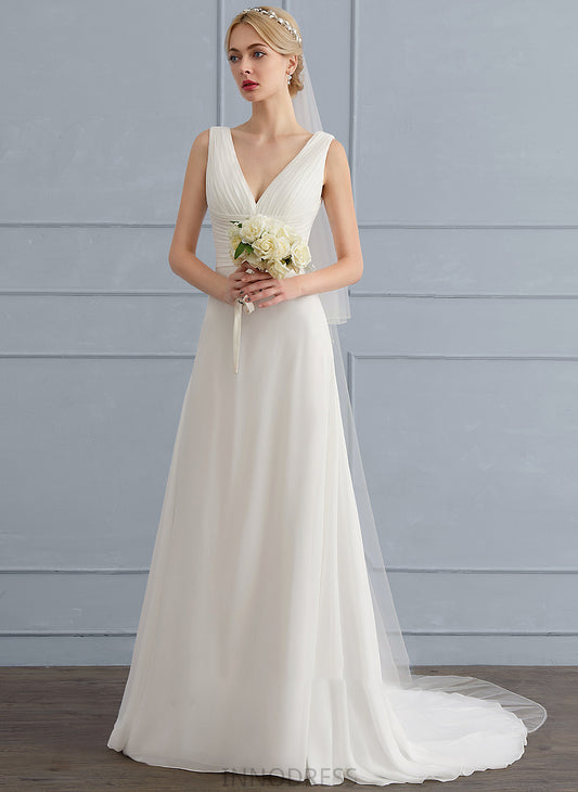 A-Line With Sweep V-neck Chiffon Train Wedding Dress Ruffle Dixie Wedding Dresses