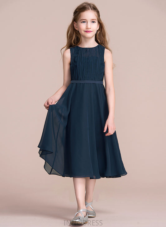 Neck Ruffle Chiffon Makenna Scoop Tea-Length With A-Line Junior Bridesmaid Dresses