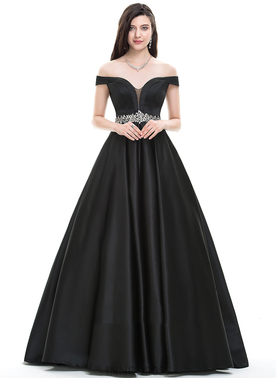 Beading With Angela Ball-Gown/Princess Prom Dresses Satin Floor-Length Off-the-Shoulder