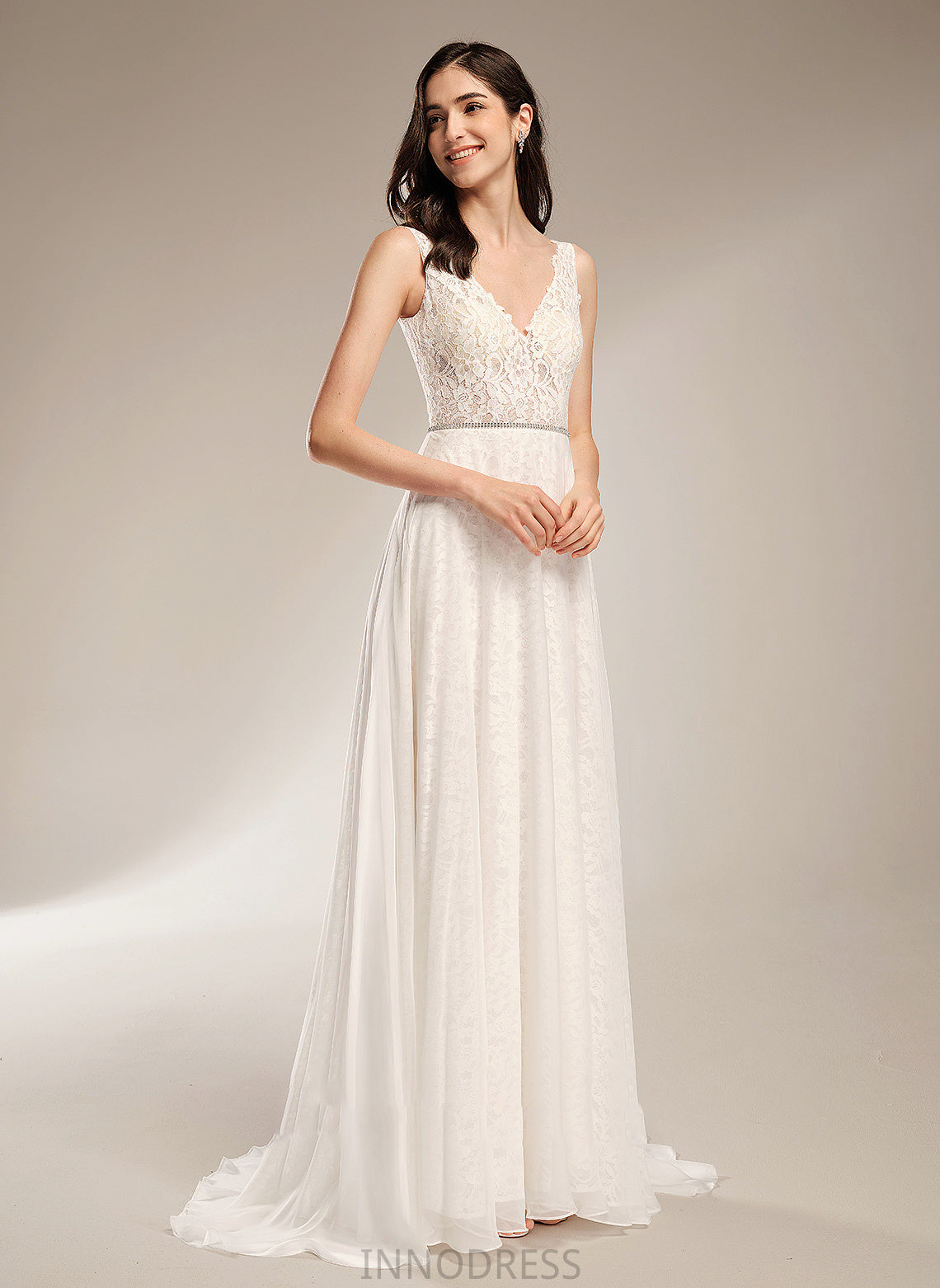 With Sweep Wedding Dresses Train Wedding Kamora V-neck Dress A-Line Beading