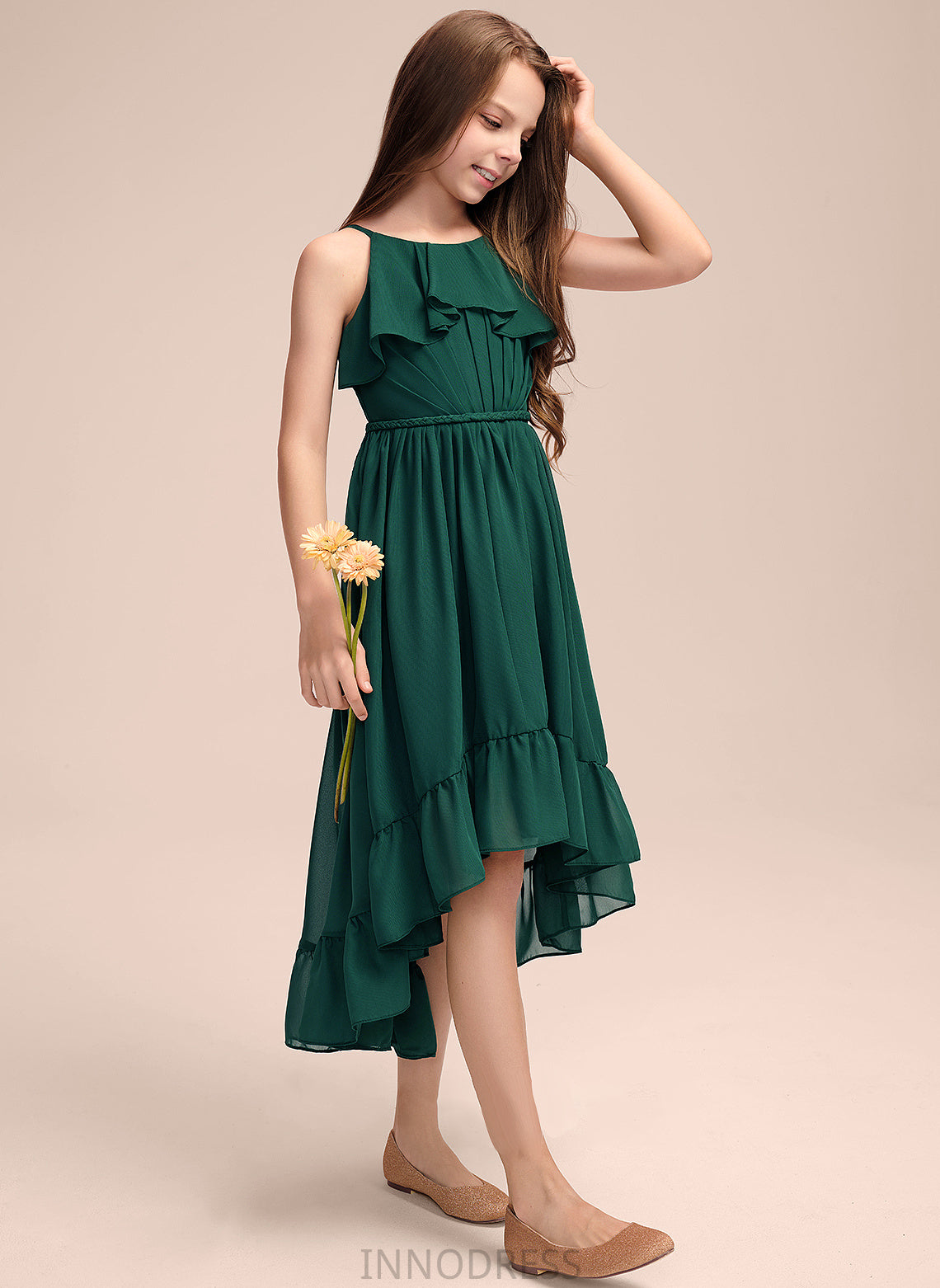 Chiffon Scoop Asymmetrical Junior Bridesmaid Dresses Ruffles Katherine Cascading A-Line Neck With