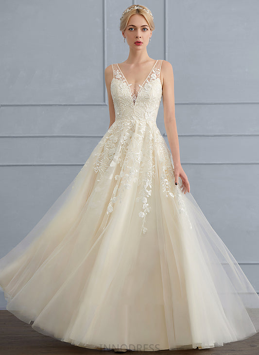 V-neck Floor-Length Wedding Dresses Ariella Sequins Beading A-Line With Wedding Tulle Dress