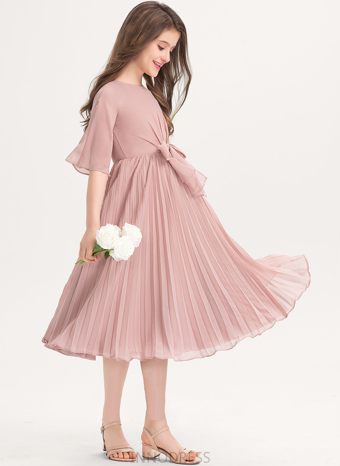 With A-Line Neck Scoop Pleated Junior Bridesmaid Dresses Bow(s) Alia Knee-Length Chiffon