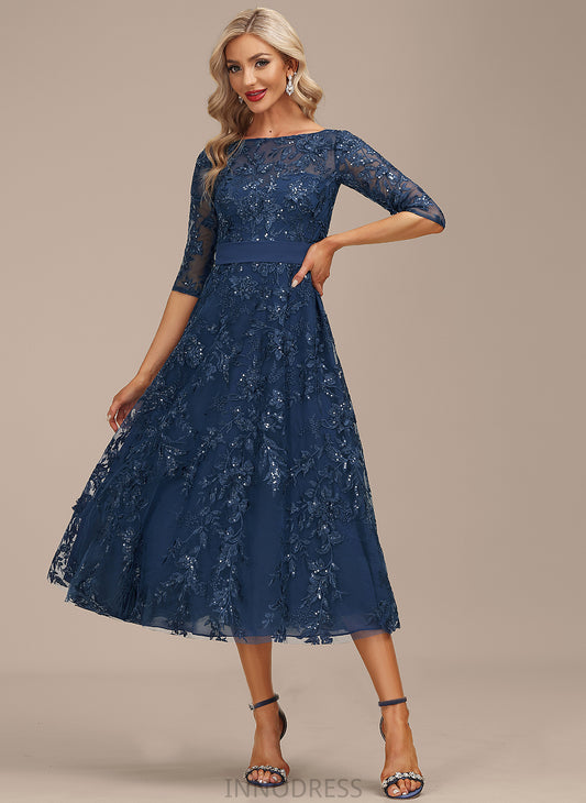 Dress Chiffon Lace Cocktail With A-Line Scoop Cocktail Dresses Sequins Tea-Length Hedwig Neck