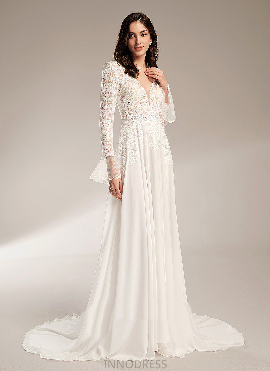 Wedding Dresses V-neck Dress Aurora Lace Train Wedding With A-Line Chiffon Court Ruffle