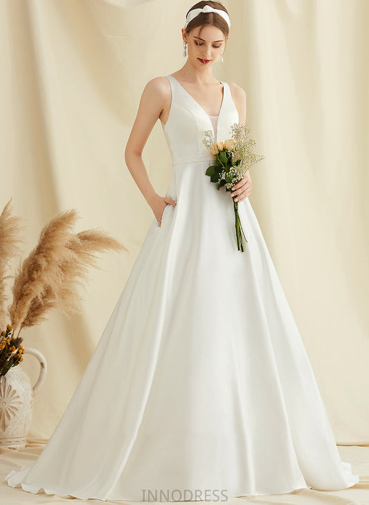 With Ball-Gown/Princess Lace Wedding V-neck Satin Train Sweep Dress Wedding Dresses Naomi Pockets