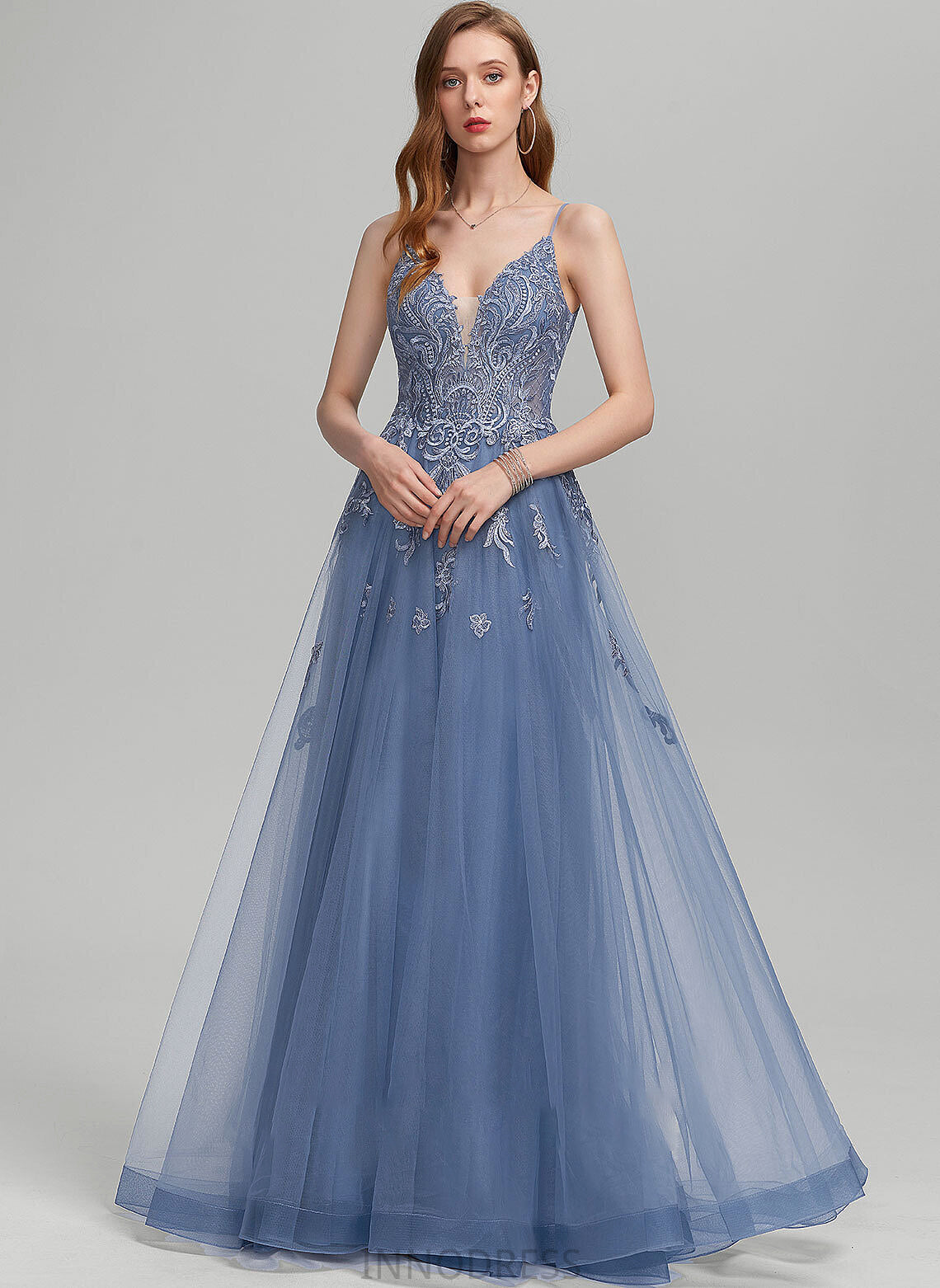 Sequins Claire Tulle A-Line With Prom Dresses Floor-Length V-neck