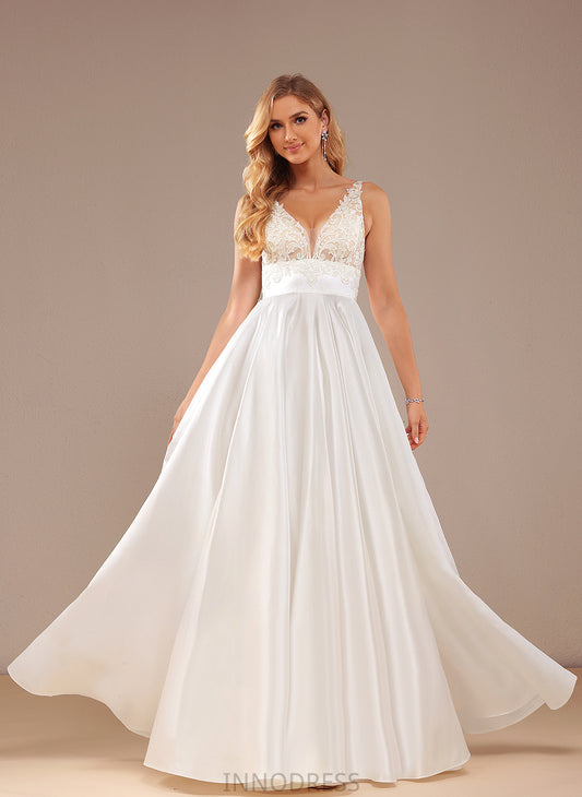 With Dress Ball-Gown/Princess Satin Kendall Lace Wedding Dresses Wedding Pockets Floor-Length Lace V-neck