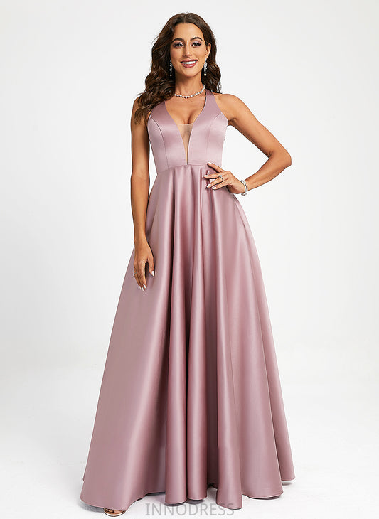 A-Line Luna Floor-Length Satin V-neck Prom Dresses