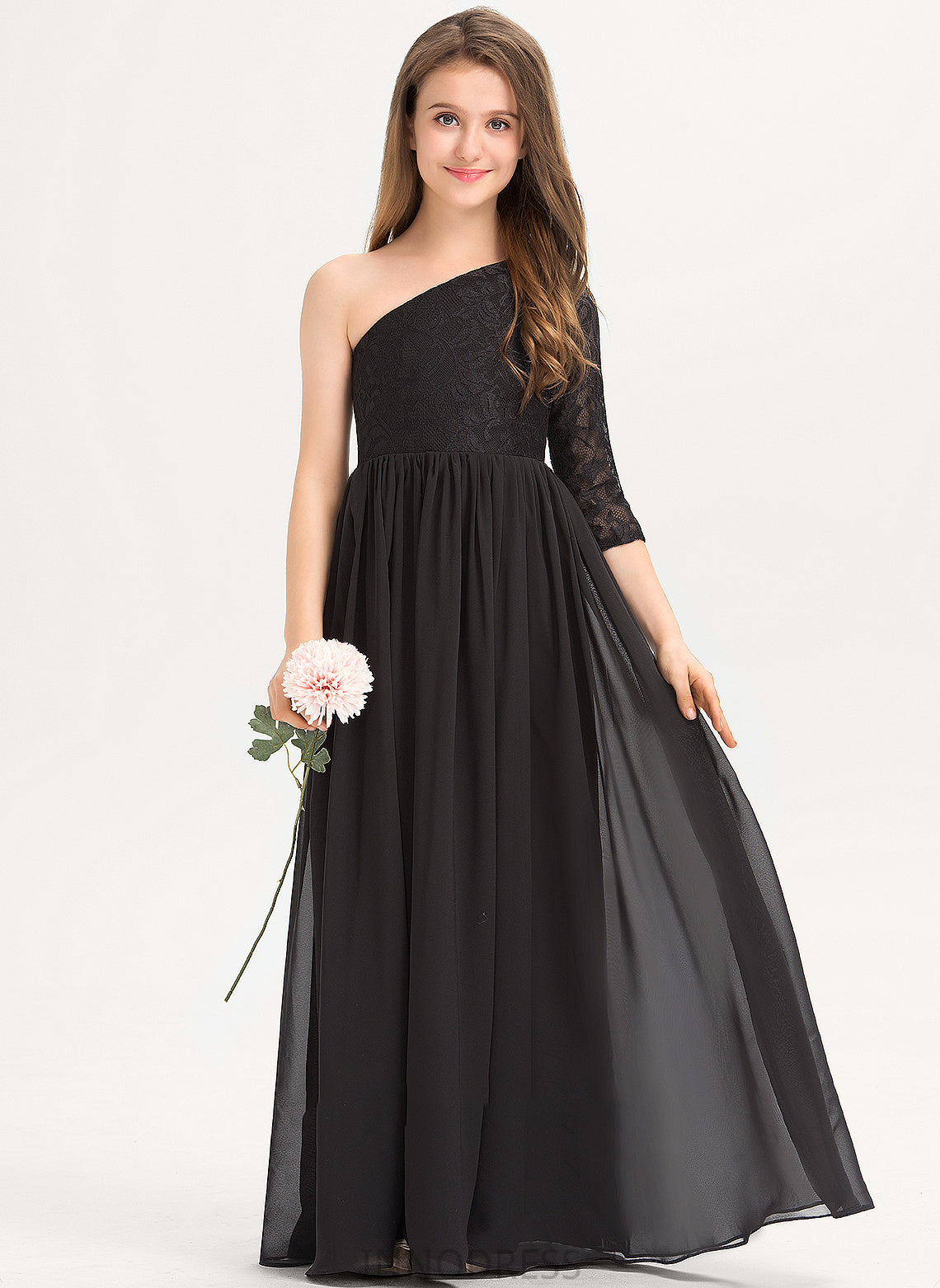 Floor-Length Junior Bridesmaid Dresses A-Line Chiffon Lace One-Shoulder Karli