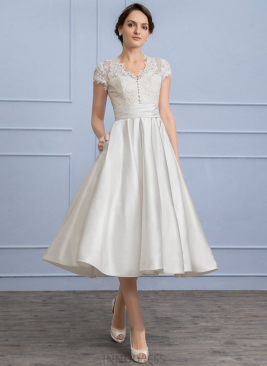 Tea-Length Lace Satin A-Line Ruffle Wedding V-neck Dress Scarlett Pockets Wedding Dresses With