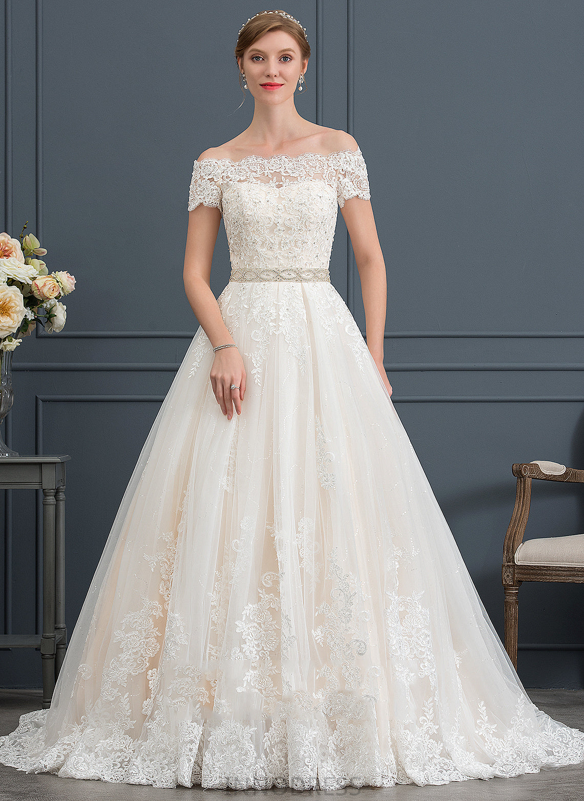 Sequins Court Lace Train Off-the-Shoulder Wedding Destinee Ball-Gown/Princess With Wedding Dresses Beading Tulle Dress