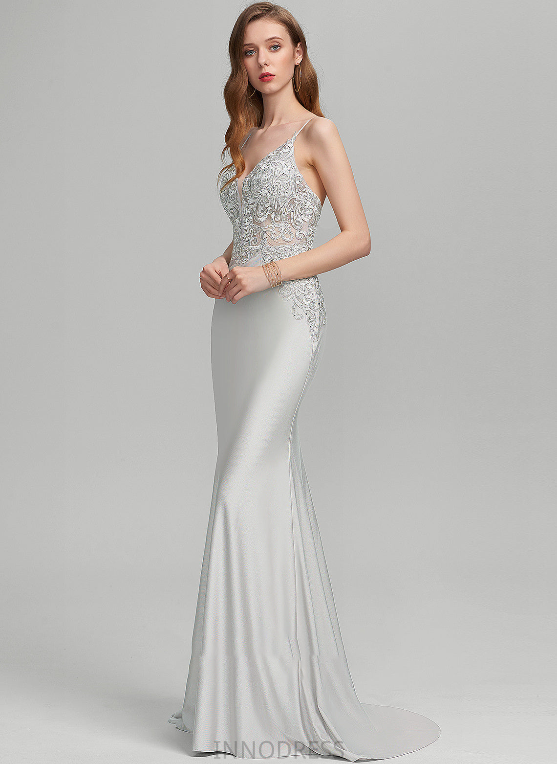 Trumpet/Mermaid Sweep With Train V-neck Jersey Madison Prom Dresses Sequins