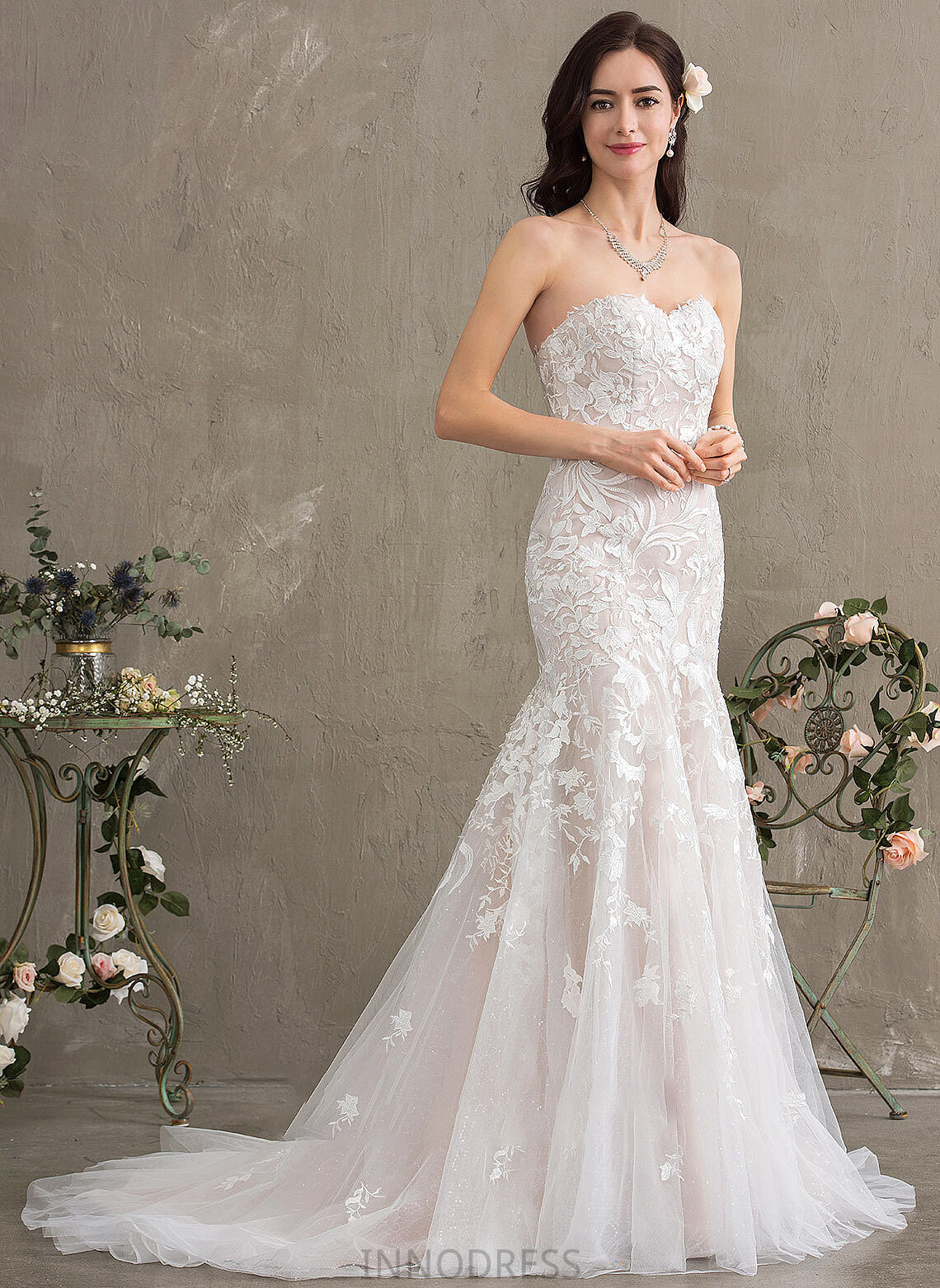 Trumpet/Mermaid Wedding Train Court Tulle Dress Sweetheart Wedding Dresses Lace Elaine