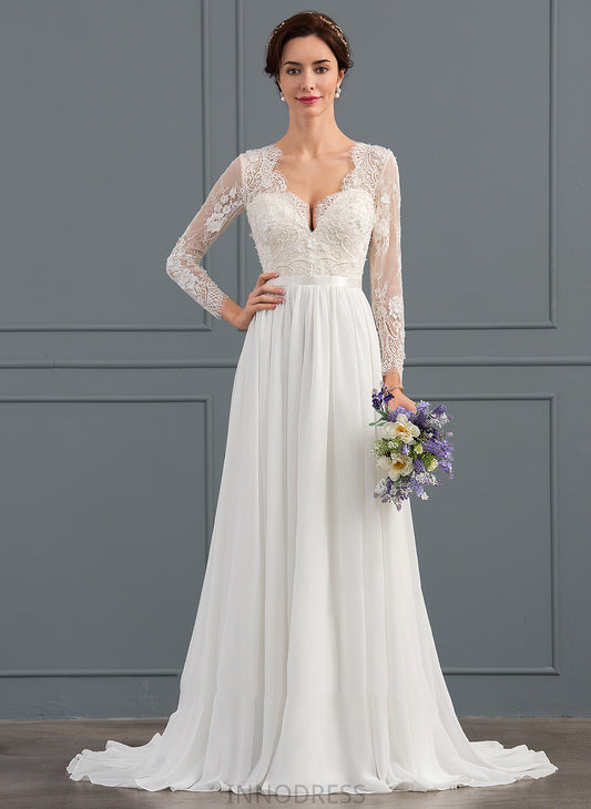 With Wedding Dresses Joslyn Dress V-neck Wedding Sequins Sweep A-Line Chiffon Train Beading