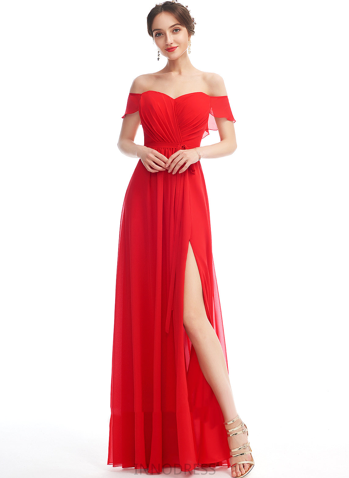 SplitFront Off-the-Shoulder Embellishment Length A-Line Silhouette Fabric Neckline Ruffle Floor-Length Catherine Sheath/Column Bridesmaid Dresses