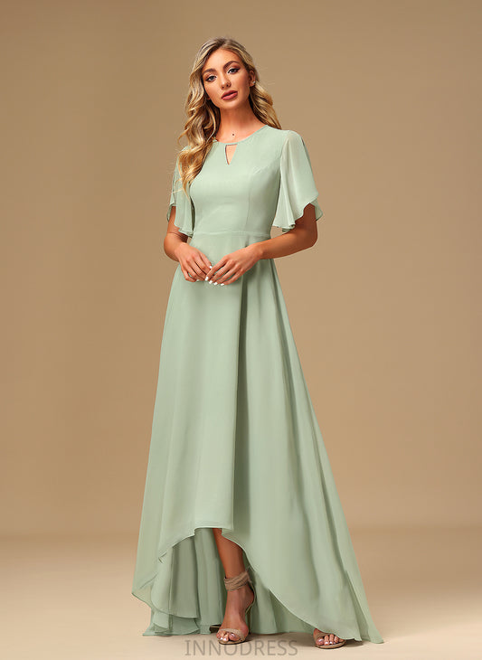 Fabric Length Silhouette Straps Embellishment A-Line Asymmetrical Ruffle Alison Scoop Natural Waist Floor Length Bridesmaid Dresses