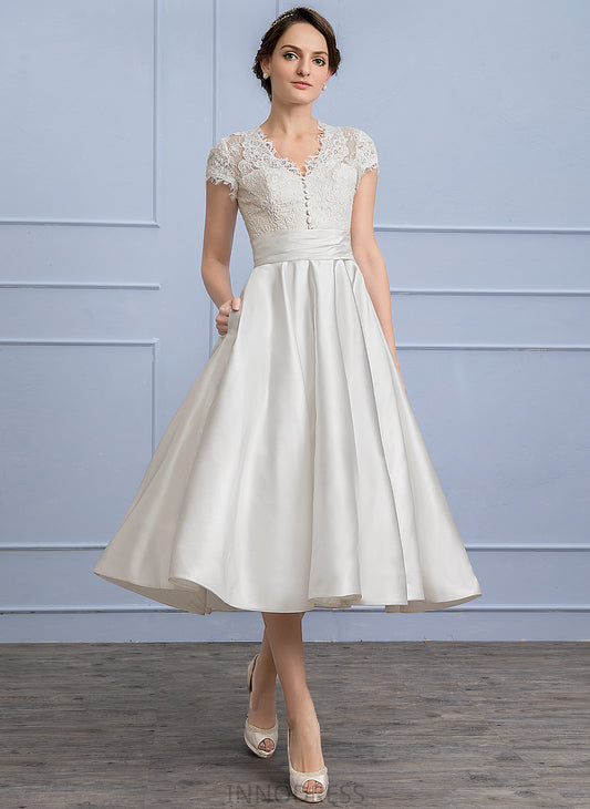 A-Line Wedding Dresses Dress V-neck Tea-Length Wedding Sage Ruffle Pockets With Satin