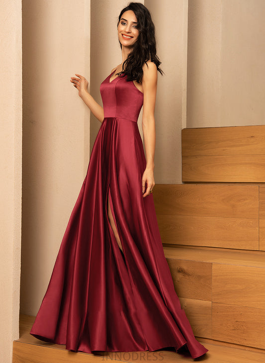 Satin V-neck Pockets Floor-Length Prom Dresses A-Line Ariella With