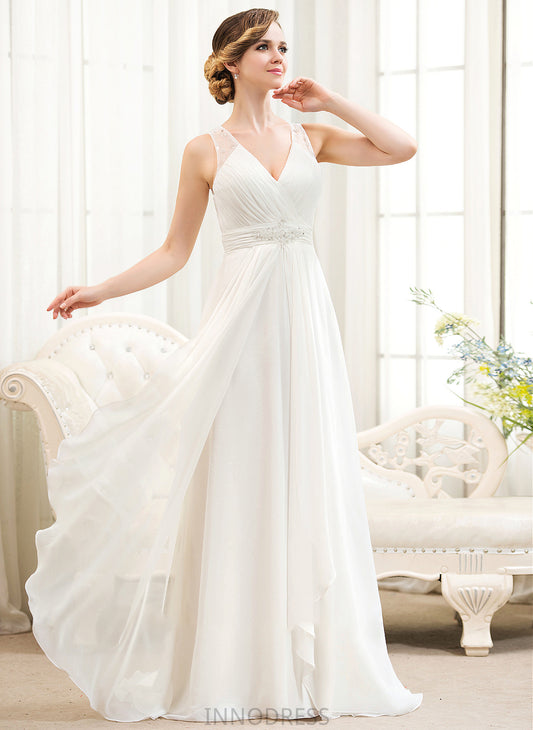 Sweep Chiffon Beading V-neck Wedding Dresses Train Cascading A-Line With Ruffles Dress Wedding Sequins Azul