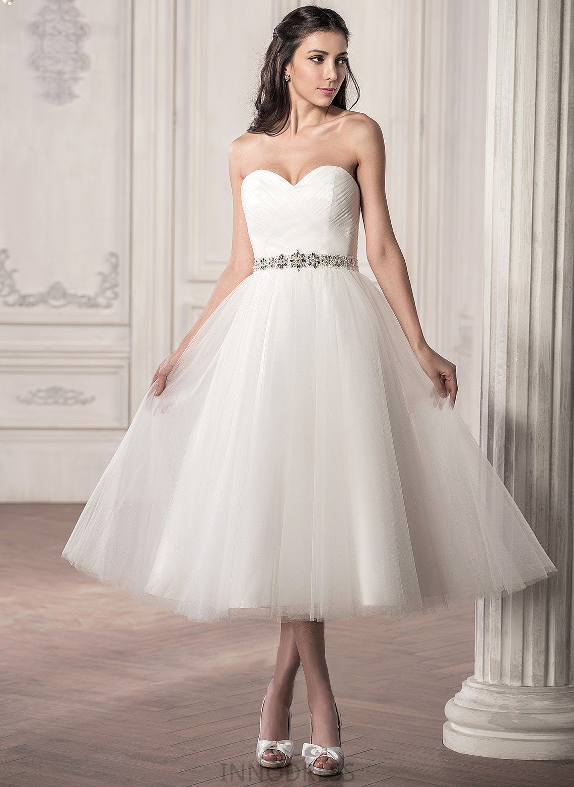 Ruffle Wedding Dresses With Wedding Sequins Sweetheart Beading Tea-Length A-Line Tulle Dress Serena