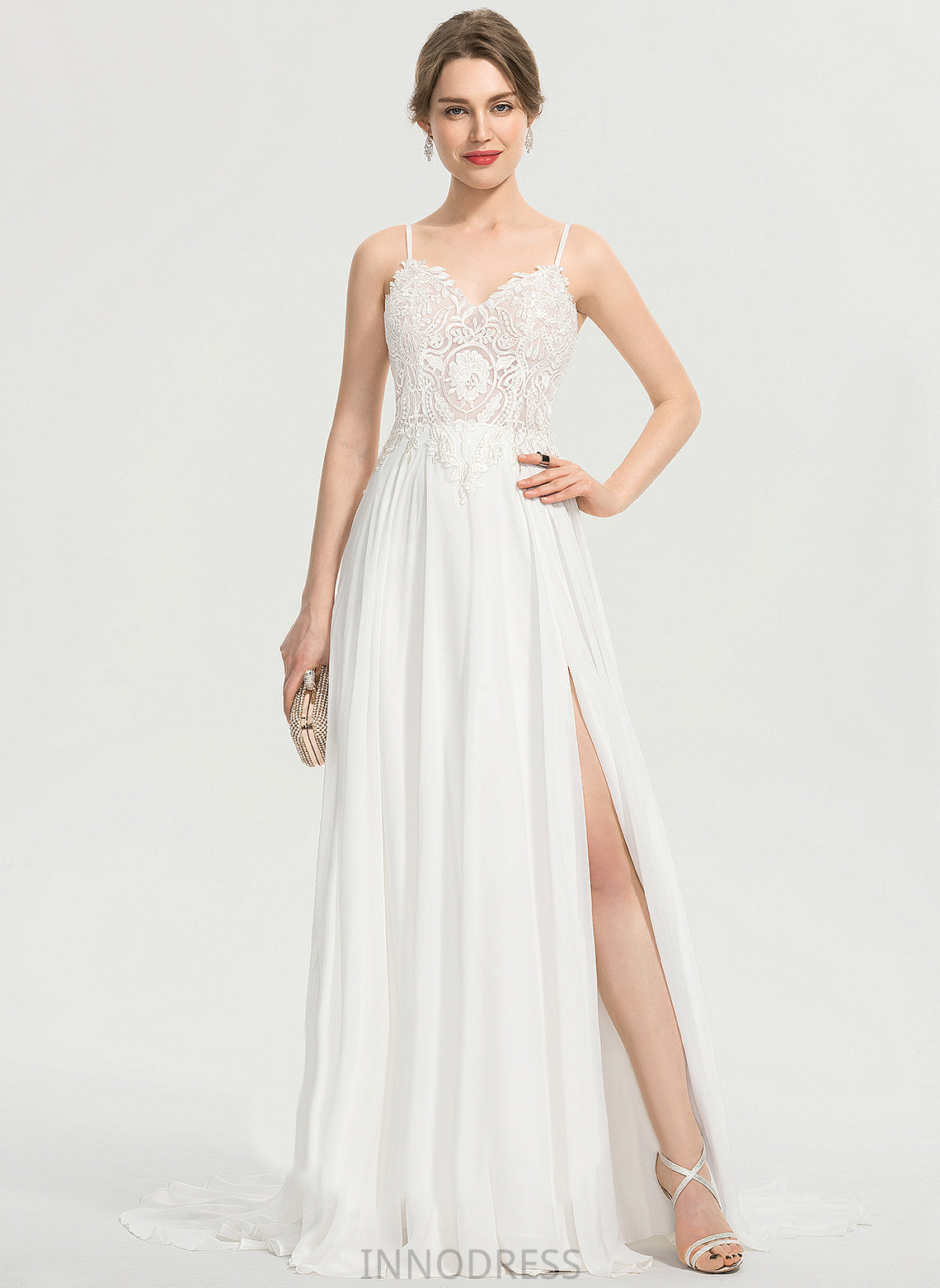 Chiffon Front Sweep With A-Line Wedding Lace Dress Train Wedding Dresses Split Alessandra V-neck