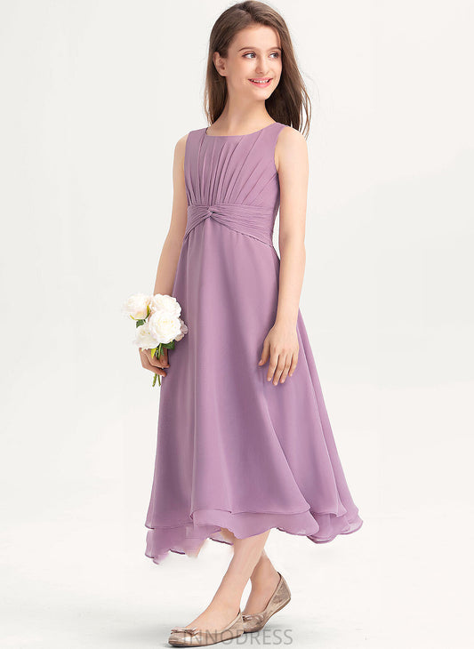 Junior Bridesmaid Dresses Sarah Scoop Neck A-Line Chiffon Tea-Length Ruffle With