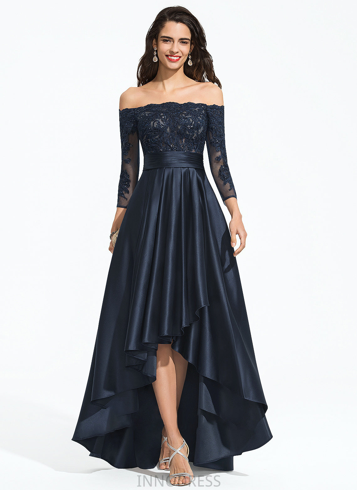 A-Line Prom Dresses Satin Off-the-Shoulder Asymmetrical Sequins Stacy With Ruffle