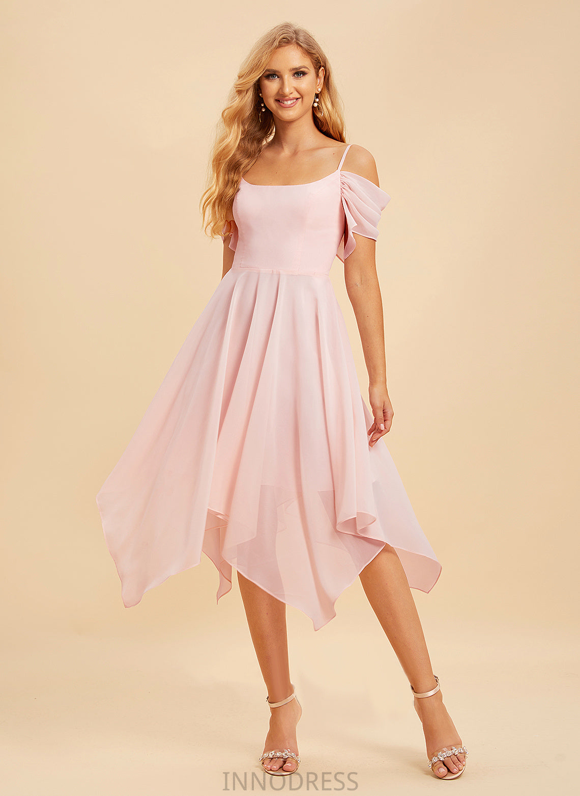 SquareNeckline A-Line Neckline Silhouette Ruffle Fabric Length Embellishment Asymmetrical Keira Sleeveless A-Line/Princess Bridesmaid Dresses