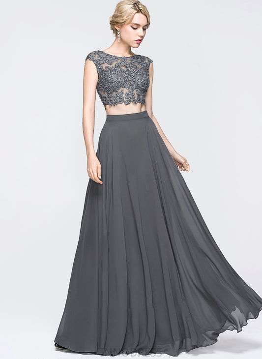 With Scoop Chiffon A-Line Neck Prom Dresses Sequins Beading Floor-Length Nathalia