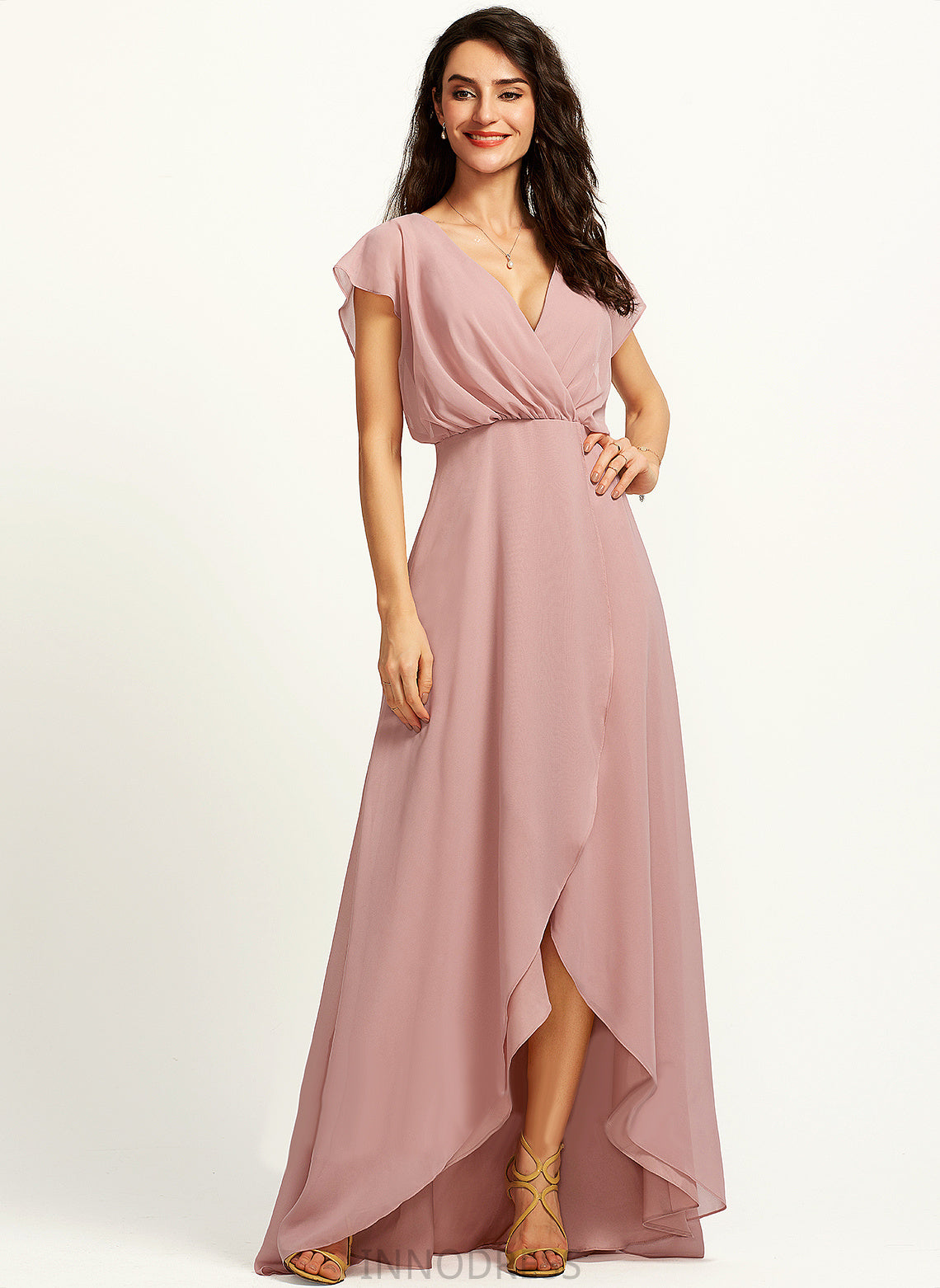 Embellishment Length A-Line Silhouette Neckline Asymmetrical Fabric SplitFront V-neck Lizbeth Sleeveless Taffeta Bridesmaid Dresses