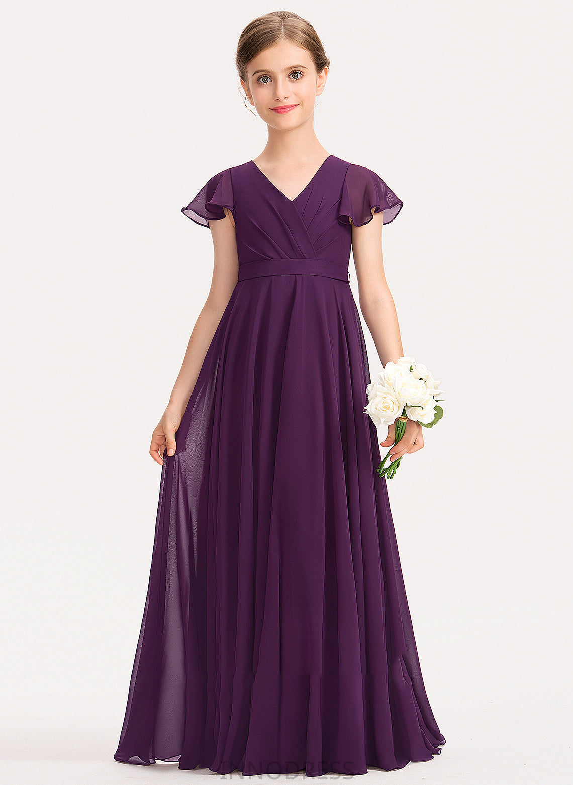 Junior Bridesmaid Dresses Cascading V-neck Bow(s) Kailyn Chiffon Floor-Length A-Line With Ruffles