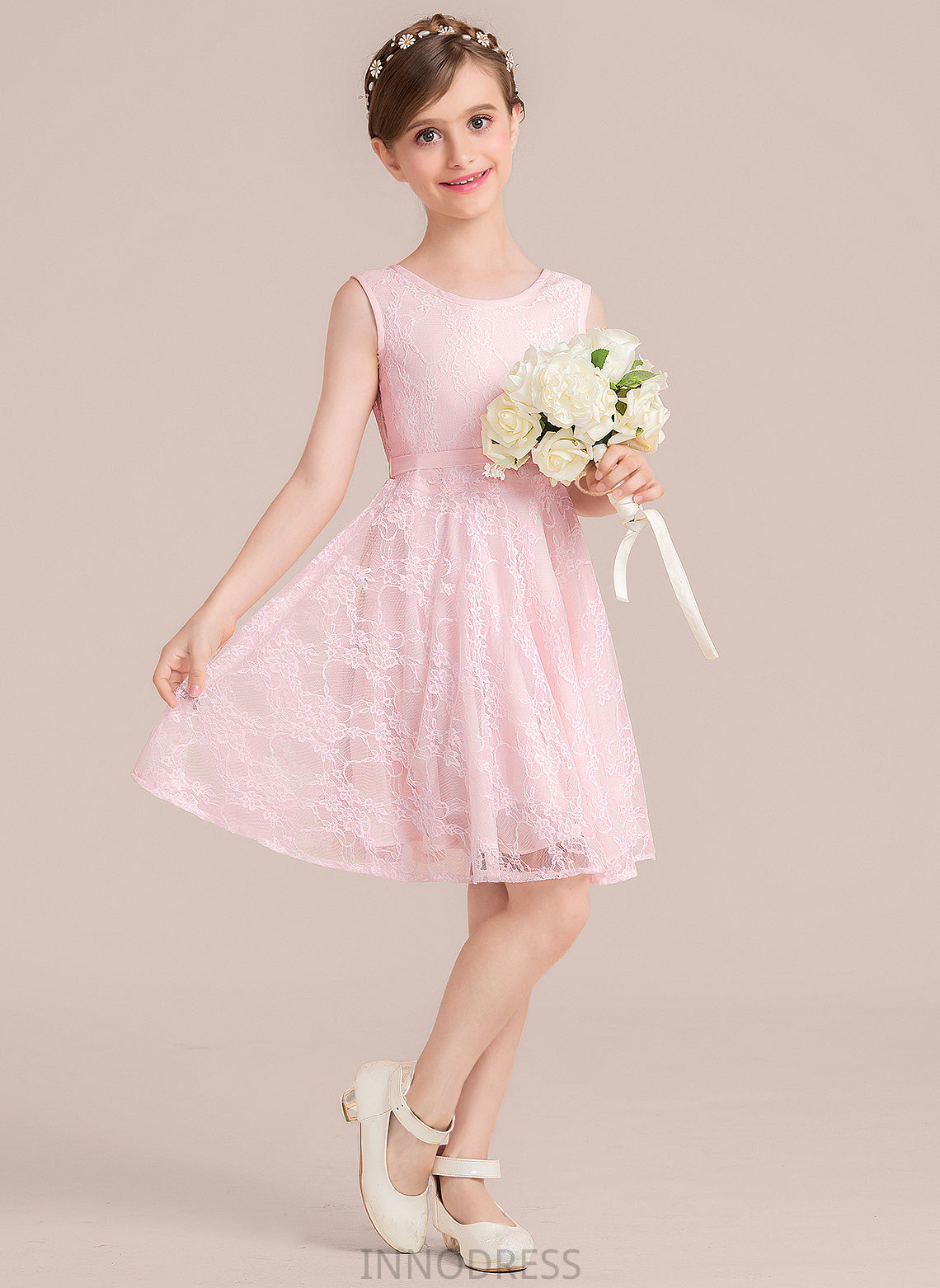 Knee-Length Bow(s) Neck A-Line Scoop Helena Sash With Junior Bridesmaid Dresses Lace