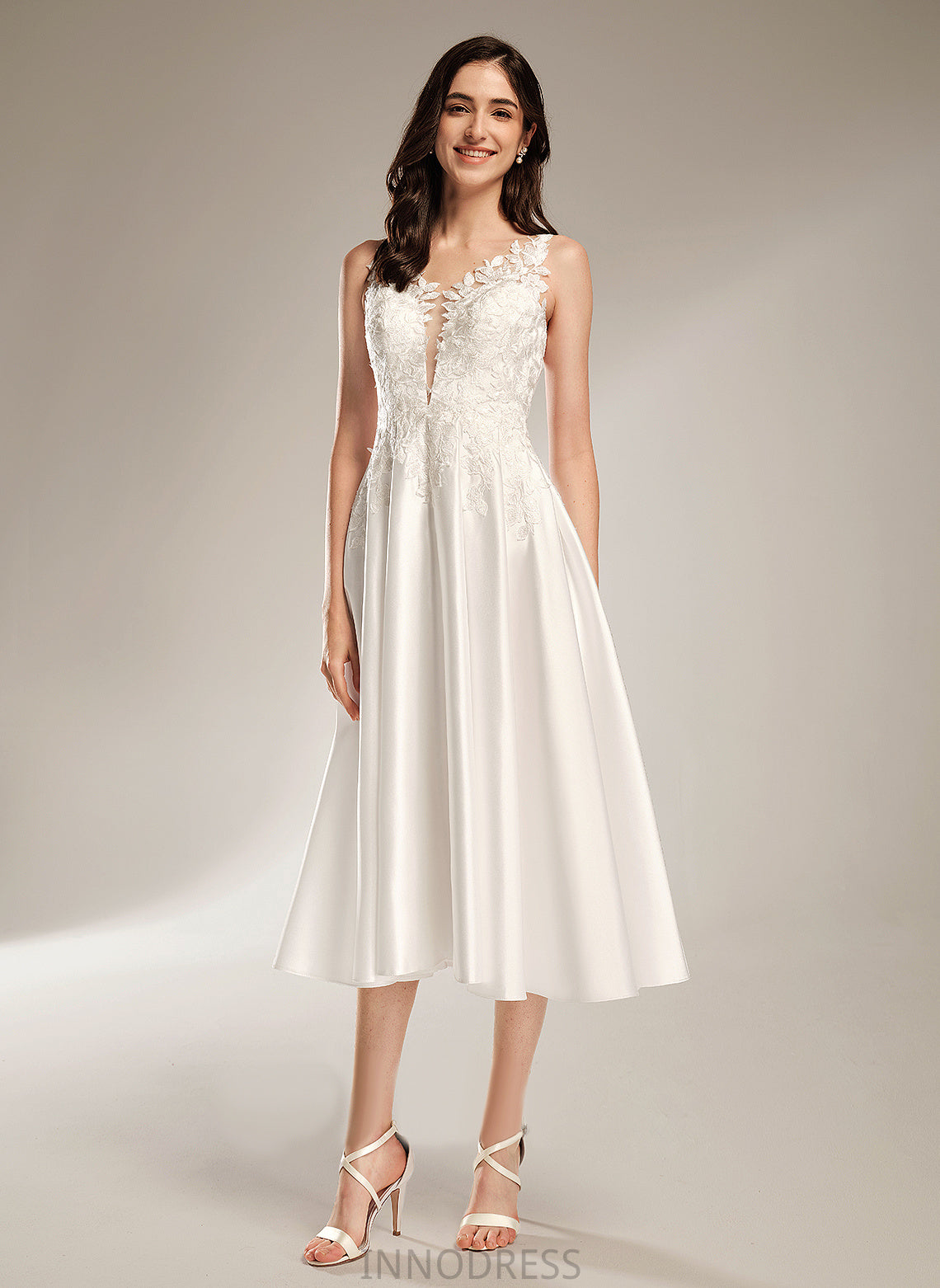 V-neck Dress Lace A-Line Mira Satin Wedding Wedding Dresses Tea-Length